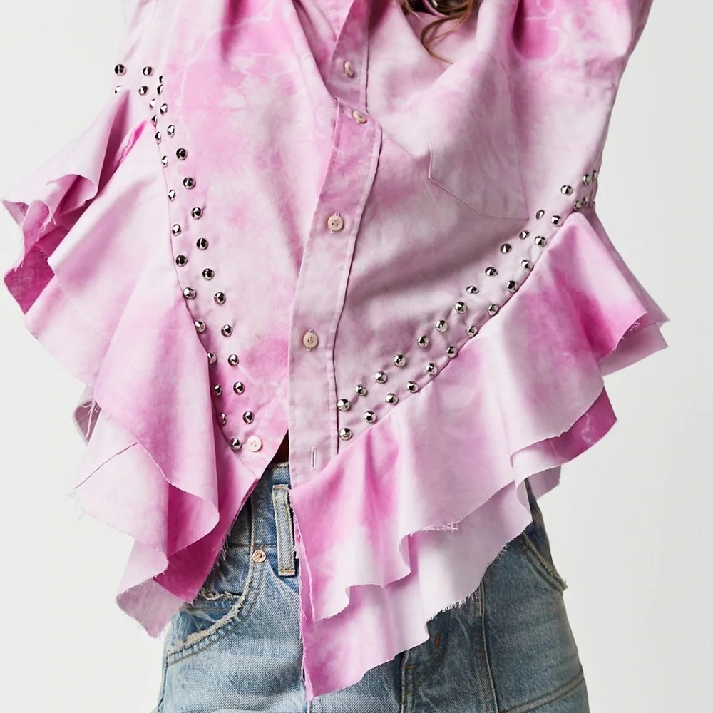 Free People Tricia Fix Heart Washed Top Ruffle Studded Pink Tye Dye - Picture 3 of 5